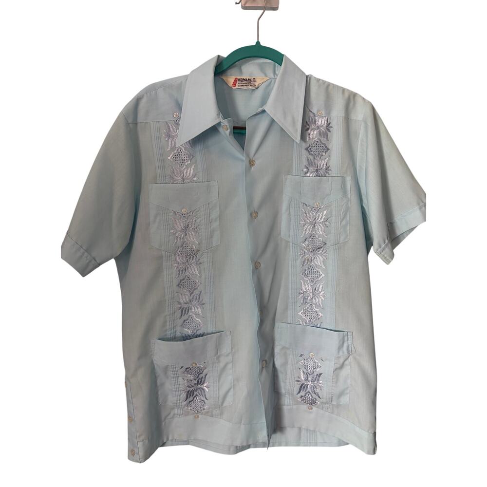 Vintage Romani Aqua Blue Embroidered Guayabera Shirt Men's M‎ Cuban Camp Resort
